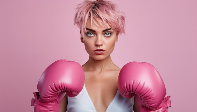 Donna in guantoni da boxe su sfondo rosa lotta contro il cancro al seno