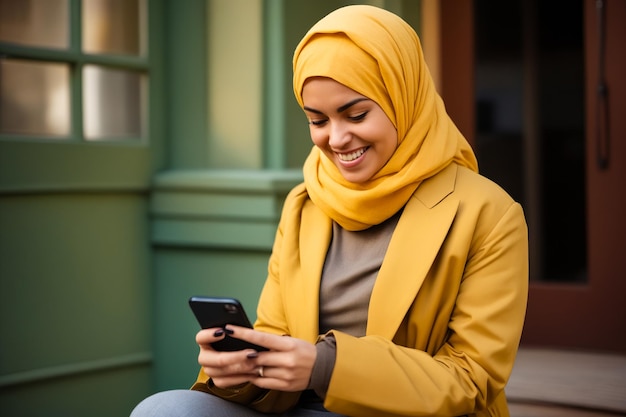 Donna in hijab giallo sorride mentre guarda il suo cellulare AI generativa