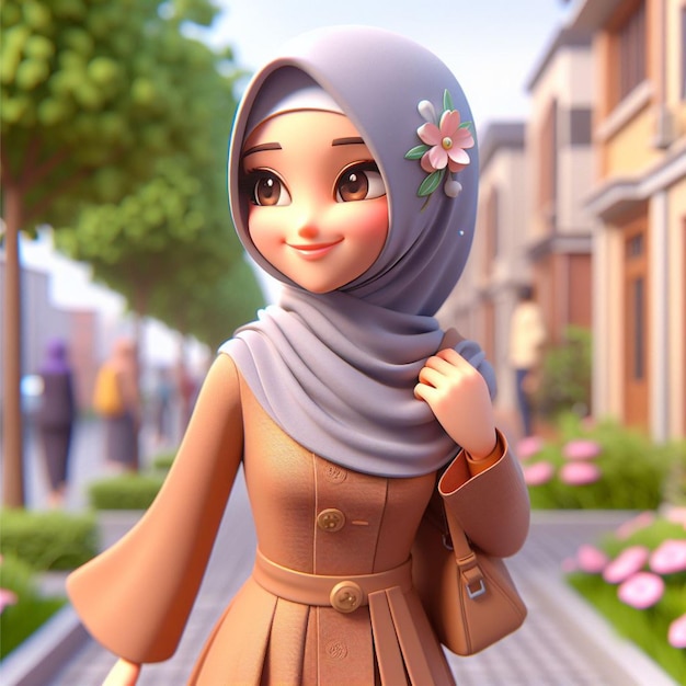 Donna in hijab syari che cammina con un'espressione gioiosa sulla strada per il campus