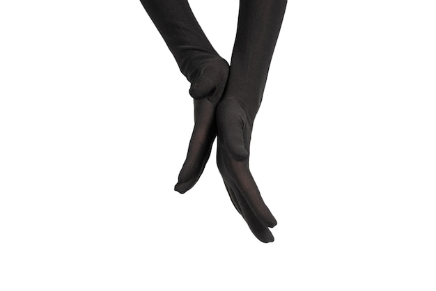 Donna in lunghi guanti neri applausi modello isolato su uno sfondo bianco. Battere le mani.