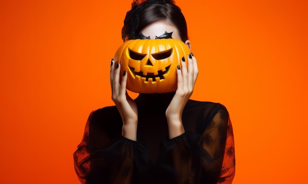 donna in maschera con zucca di halloween su sfondo giallo