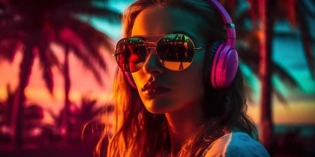 Donna in occhiali da sole che ascolta musica su un palco rosa neon di notte con palme sullo sfondo Calda vita notturna delle vacanze estive Creato con la tecnologia generativa ai