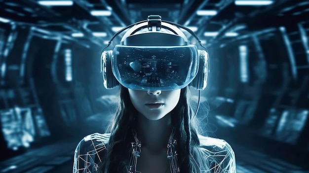 Donna in occhiali per realtà virtuale ai generativa