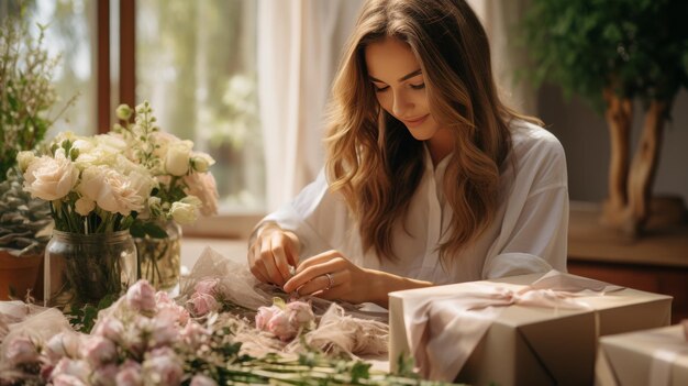 Donna in piedi accanto a un bouquet di fiori