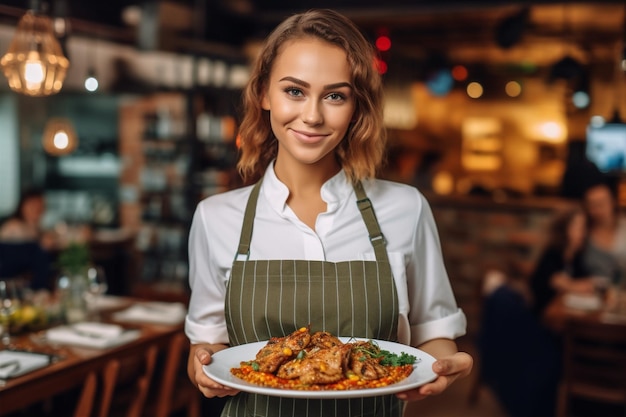 Donna in piedi al chiuso lavoro ristorante tenendo cameriere ritratto cucina sorriso cibo AI generativa