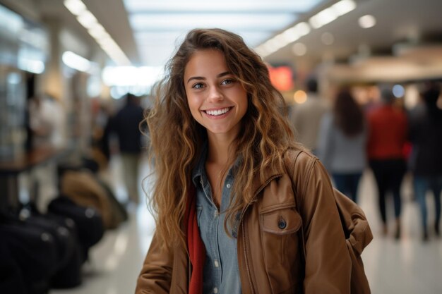 Donna in piedi all'aeroporto con i bagagli