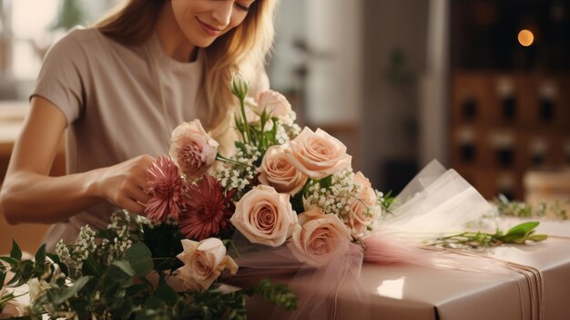 Donna in piedi davanti a un bouquet di fiori