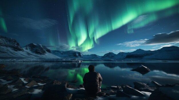 Donna in piedi davanti all'esposizione dell'Aurora