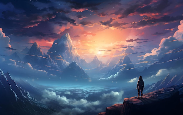 donna in piedi in cima a una montagna illustrazione nel mondo futuristico con il cielo al tramonto
