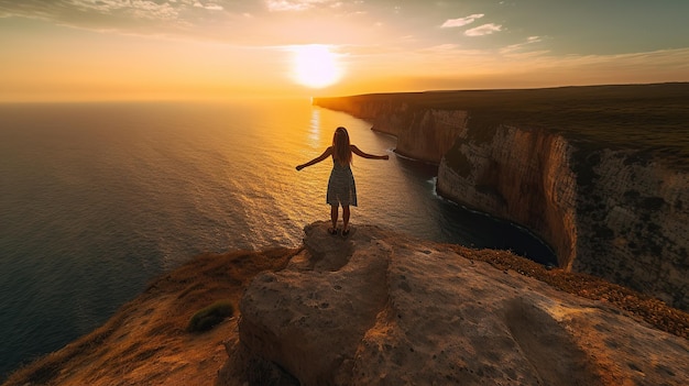 Donna in piedi in cima a una scogliera al tramonto AI generativa