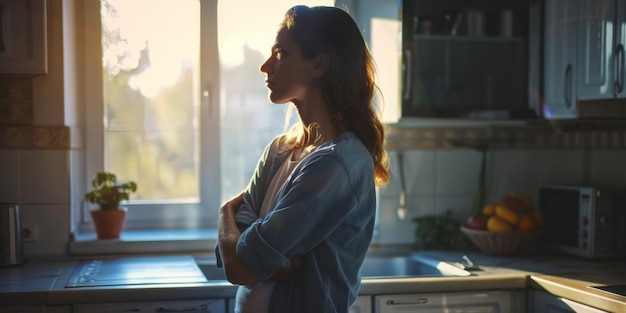 donna in piedi in cucina e guarda fuori dalla finestra AI generativa