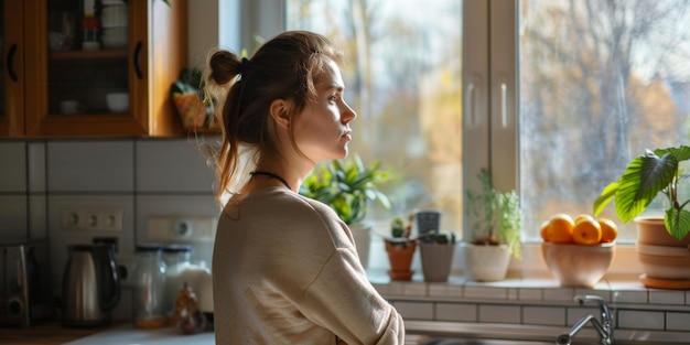 donna in piedi in cucina e guarda fuori dalla finestra AI generativa