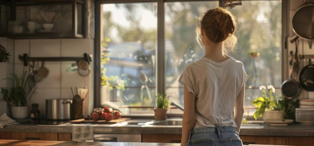 donna in piedi in cucina e guarda fuori dalla finestra AI generativa