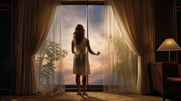 donna in piedi in una grande finestra al tramonto