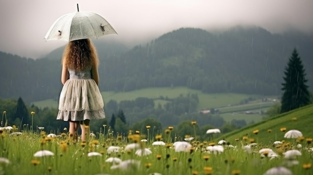 Donna in piedi nel campo con un ombrello