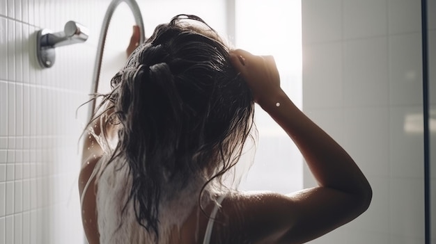 Donna in piedi sotto la doccia a lavarsi i capelli