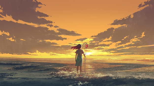 donna in piedi sul mare con asta IV con sacca di sangue e guardando il cielo al tramonto, stile arte digitale, pittura illustrativa