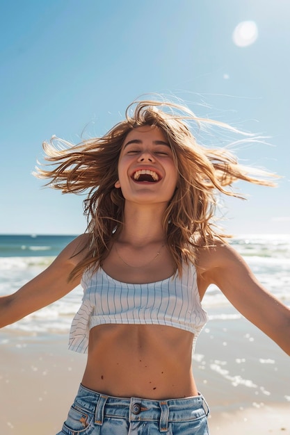 Donna in piedi sulla spiaggia con i capelli soffiati dal vento