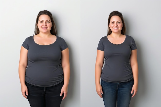 Donna in posa prima e dopo la perdita di peso Dieta e alimentazione sana Risultati di fitness mettersi in forma Risultati di liposuzione chirurgia plastica Trasformazione da grasso ad atleta Allenamento in sovrappeso e dimagrimento