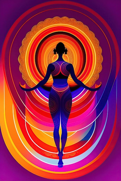 Donna in posa yoga meditazione illustrazione astratta Rossi e viola Mandala simbolo tranquillità