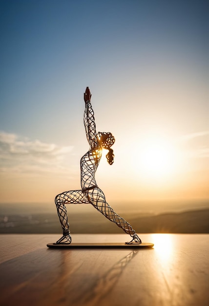 Donna in postura di yoga figura di filo piegato sullo sfondo della natura figure creative simbolo di yoga e armonia