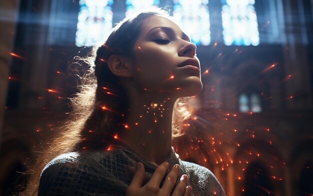 Donna in preghiera illuminata dalla croce nella cattedrale