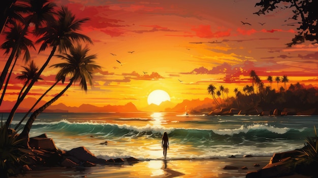 Donna in riva al mare sullo sfondo delle palme