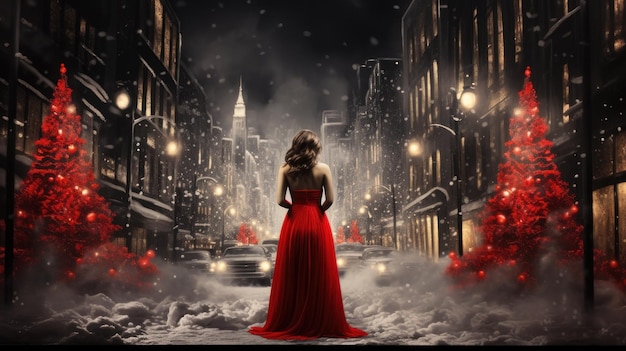 donna in rosso all'albero di Natale in città