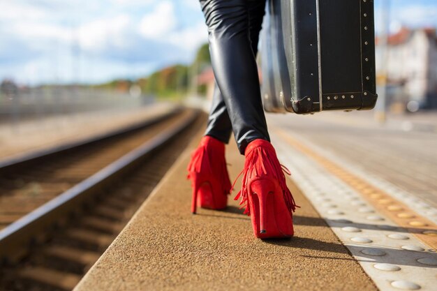 Donna in scarpe rosse del tacco alto con la valigia