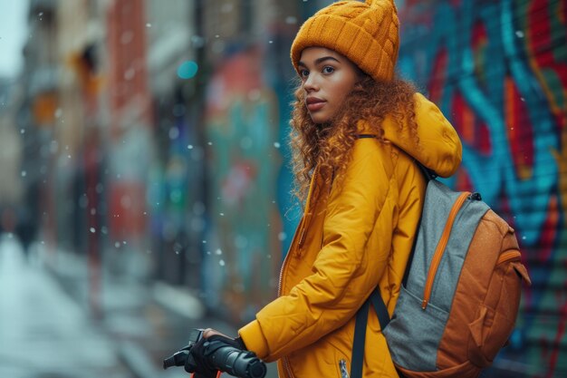 Donna in scooter con cappotto giallo