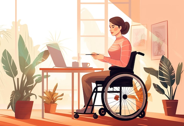 Donna in sedia a rotelle che lavora al computer a casa