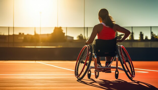 Donna in sedia a rotelle in uniforme sportiva sul campo da tennis