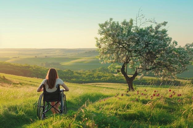 Donna in sedia a rotelle nel campo