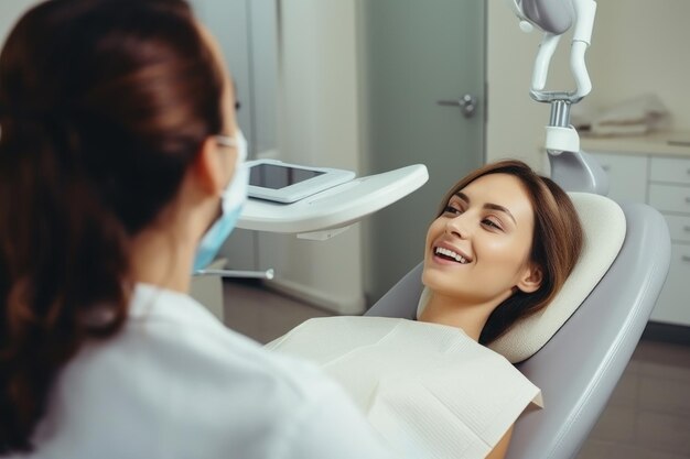 Donna in sedia da dentista sorridente con bellissimi denti con dentista femminile in sedia dentale in clinica