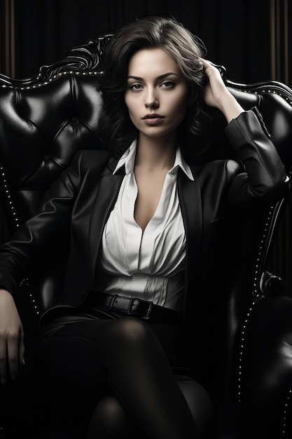 Donna in sedia di pelle nera con la mano sulla testa AI generativa