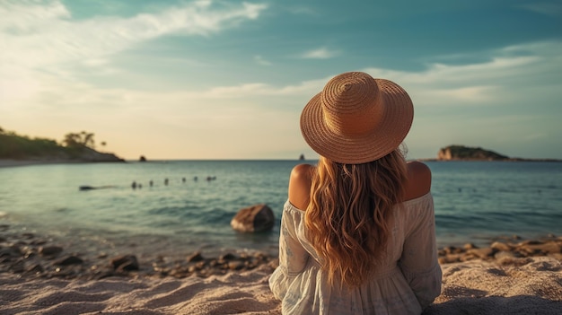 donna in spiaggia con cappello