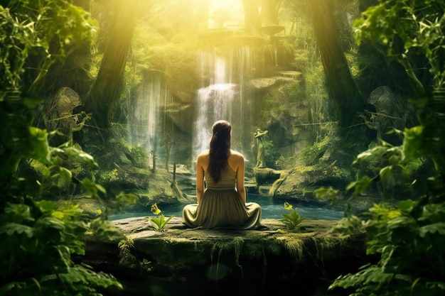 Donna in stato di meditazione in magica foresta paradisiaca con vegetazione lussureggiante e alberi e luce r