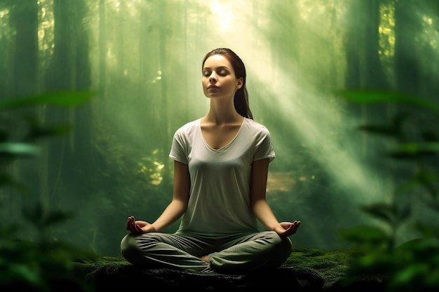 Donna in stato di meditazione in magica foresta paradisiaca con vegetazione lussureggiante e alberi e luce r