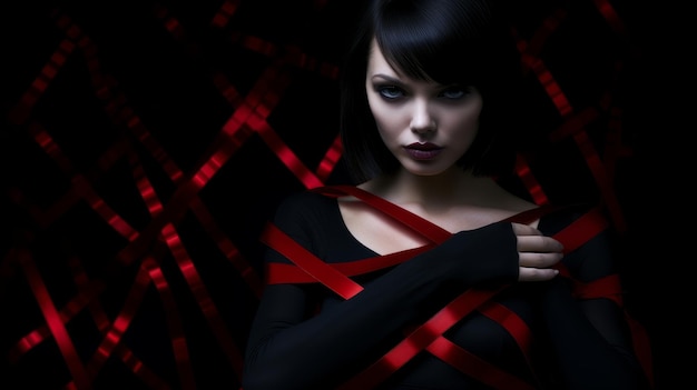 donna in stile noir nastro rosso