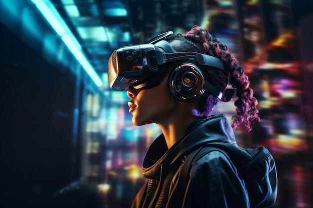 Donna in tecnologia di realtà virtuale occhiali neon luci di colore sfondo moderno concetto futuristico