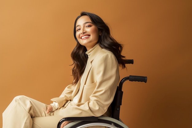donna in un bellissimo vestito lungo posa in sedia a rotelle rompendo barriere e concetto di disabilità