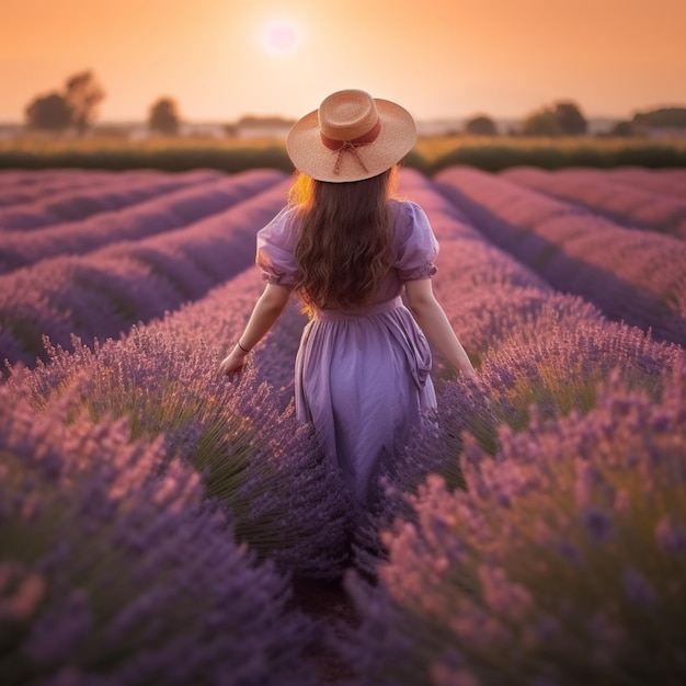 Donna in un campo di lavanda con un cappello