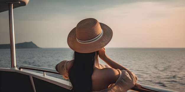 Donna in un cappello che guarda l'oceano