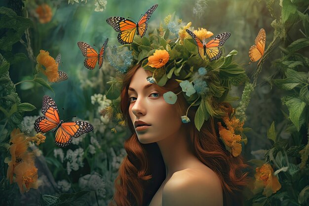 Donna in un giardino verde con farfalle nei capelli nello stile della bioarte con fiori delicati e toni arancione chiaro e verde AI generativa
