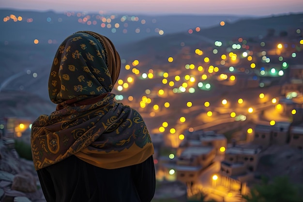 donna in un hijab arabo che guarda una città splendidamente illuminata sotto una collina