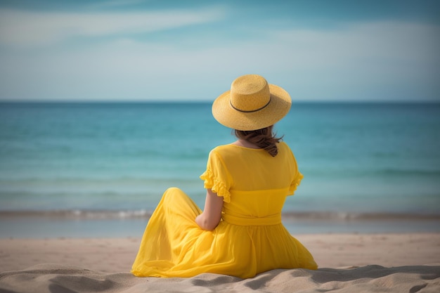 Donna in un vestito giallo seduto sulla spiaggia