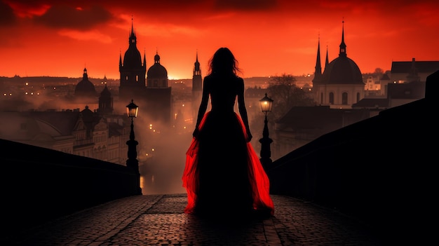 donna in un vestito rosso in una città gotica di notte