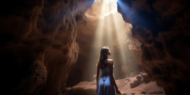 donna in una grotta sotto la luce solare IA generativa