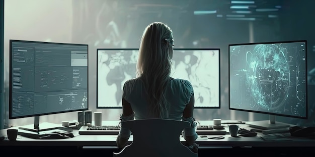 Donna in una scrivania che utilizza un computer AI Generated