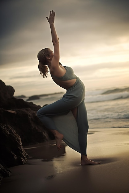 Donna in vestito blu che fa yoga sulla spiaggia